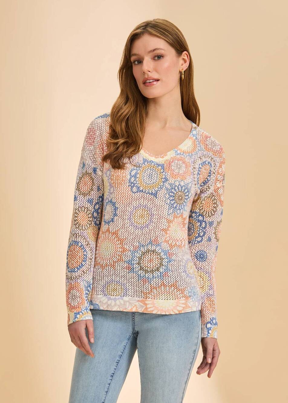 NEW FDJ printed v-neck sweater in dream catcher